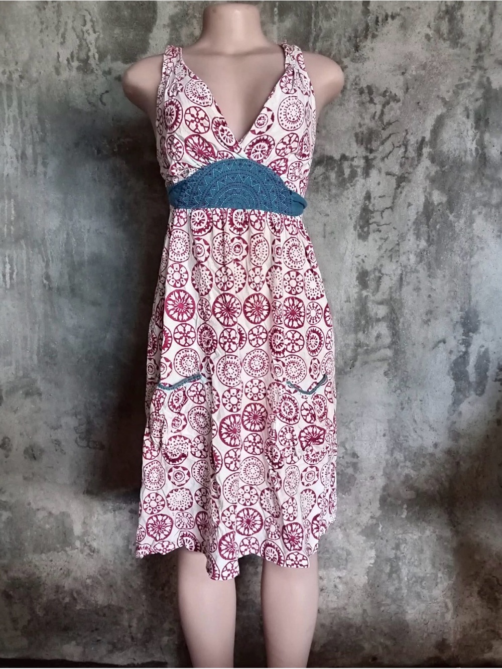 Mata Traders White Dress with Burgundy Medallion Print and Blue Smocked Waist